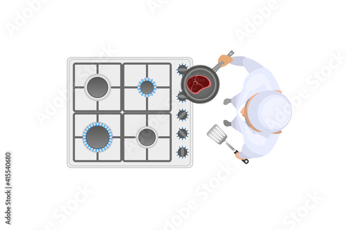 Vector illustration. The cook is cooking on the gas stove. Top view. 