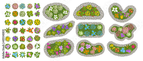 Vector set. Flowers and flower beds. Top view. Collection of different flowers for architectural and landscape design. (View from above) Nature green spaces.