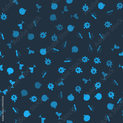 Set Tomato, Tabasco sauce, Cigar and Margarita cocktail on seamless pattern. Vector.