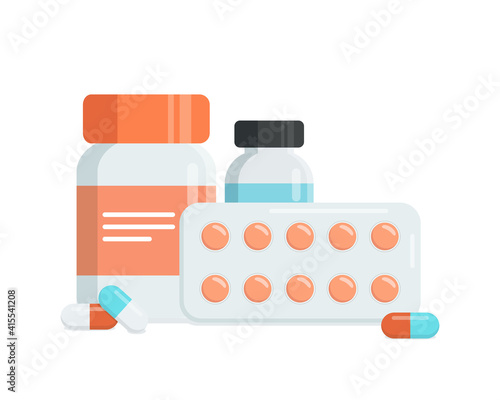 Medicine bottle with pills, capsules,  blister with pills, bottle with liquid. Flat vector illustration 