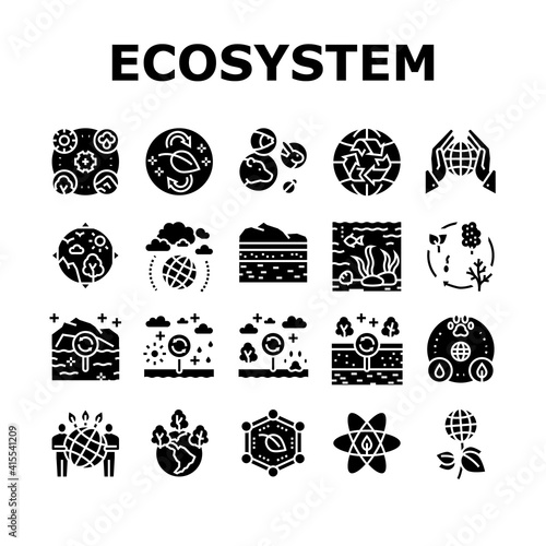 Ecosystem Environment Collection Icons Set Vector. Ecosystem And Ecology, Biodiversity And Life Cycle, Biosphere And Atmosphere Glyph Pictograms Black Illustrations