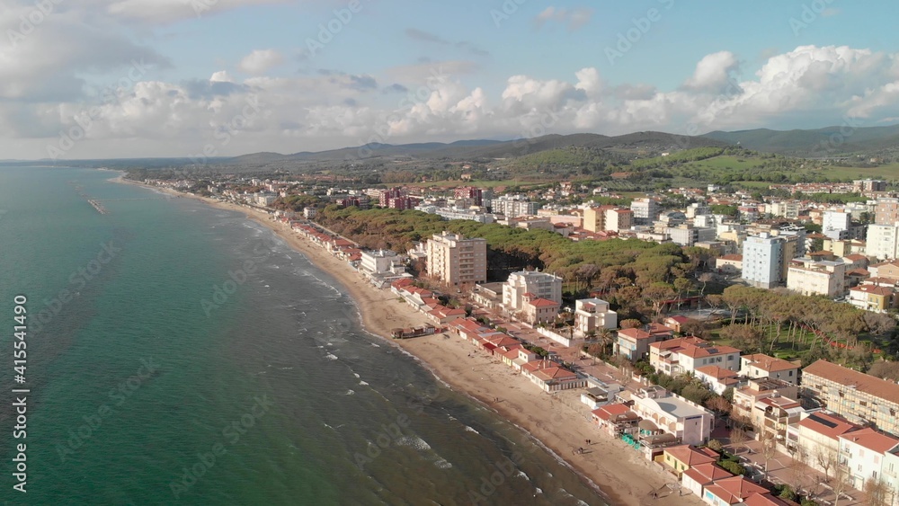 Aerial view of Follonica from the sky on a beautiful sunny day