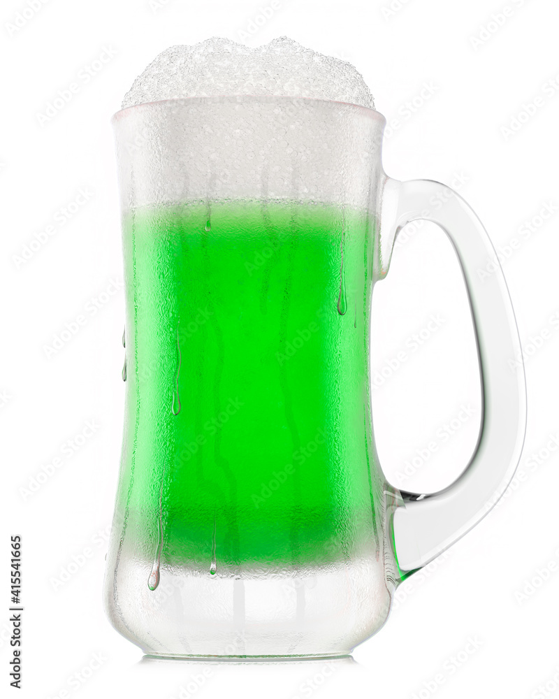 Frosty glass of draft green beer with bubble froth isolated on white background. Frosty glass of draft green beer with bubble froth isolated on white background.