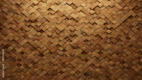 Wood Block Wall background. Mosaic Wallpaper with Light and Dark Timber Arabesque tile pattern. 3D Render 