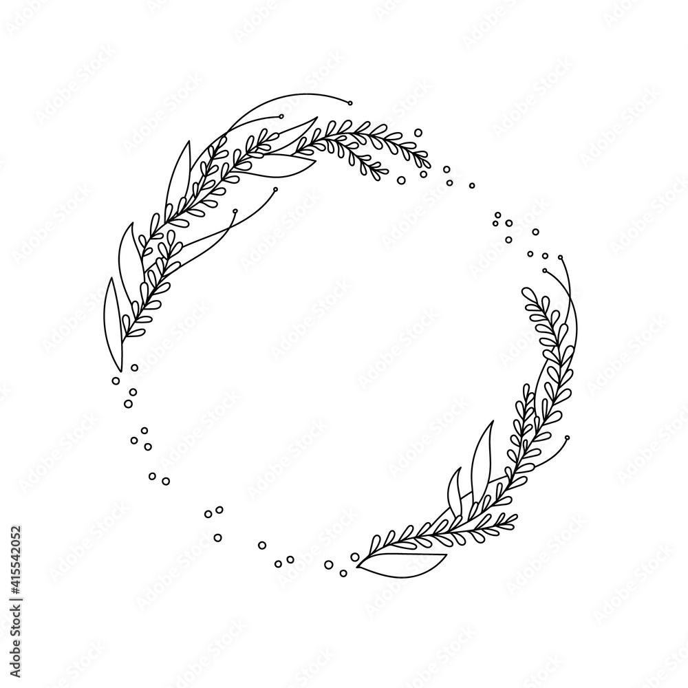 Line drawn wild grass wreath. Vector vintage botanical. Hand drawn ink silhouette with plant, branches, leaves isolated on white. Floral background. Sketch of natural element.