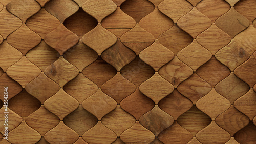 Wood Block Wall background. Mosaic Wallpaper with Light and Dark Timber Arabesque tile pattern. 3D Render  photo