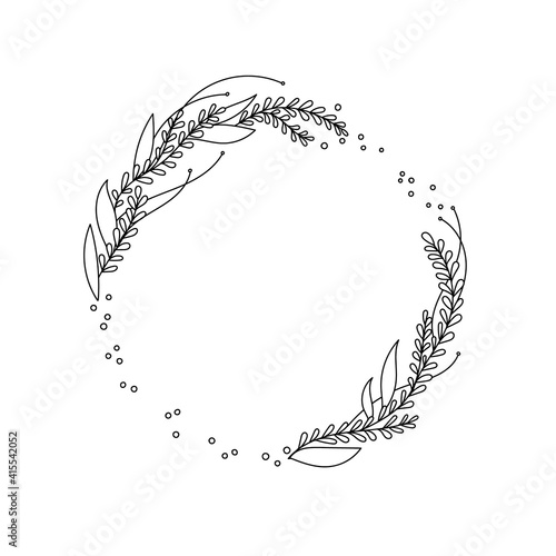 Line drawn wild grass wreath. Vector vintage botanical. Hand drawn ink silhouette with plant, branches, leaves isolated on white. Floral background. Sketch of natural element.