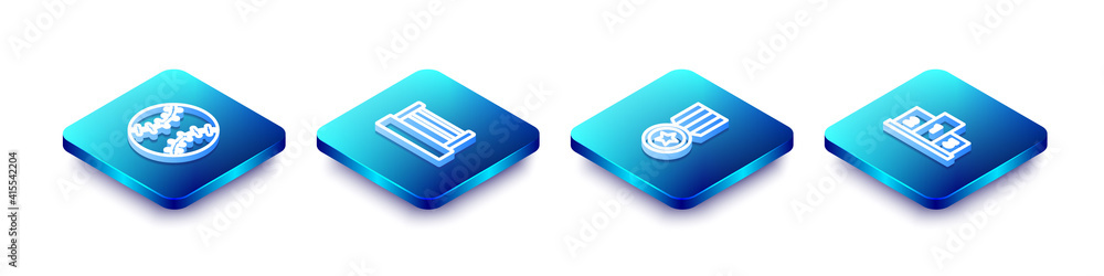 Set Isometric line Baseball ball, Boxing ring, Medal and Award over sports winner podium icon. Vector. Set Isometric line Baseball ball, Boxing ring, Medal and Award over sports winner podium icon. Vector.