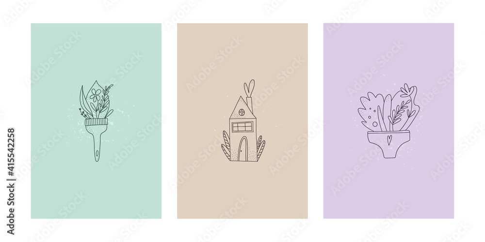 Fototapeta premium Floral line background. Hand drawn line leaves and flowers in brush, house and underpants, modern boho spring summer season in pastel colors, poster wall art collection, vector social media stories