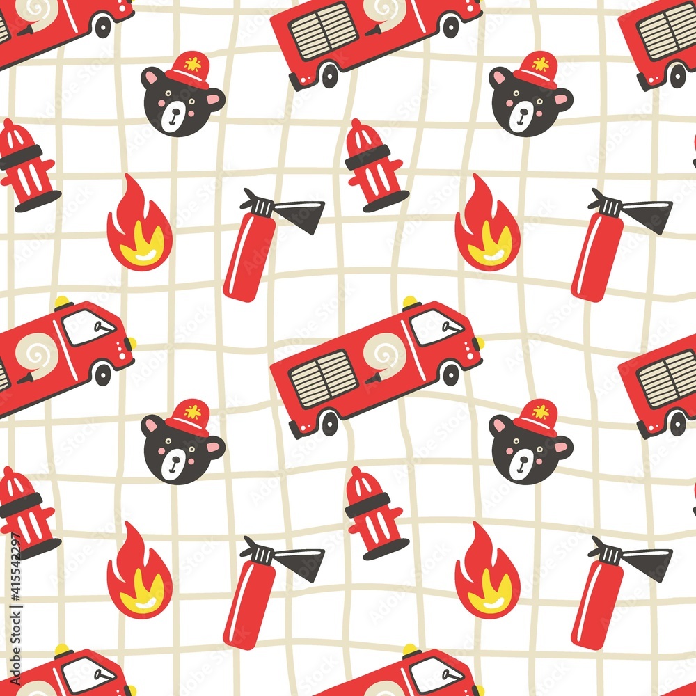 Firefighter seamless pattern. Fire truck with ladder extinguisher and hose. Hand drawn cartoon trendy scandinavian childish doodle cars. Decor textile, wrapping paper wallpaper vector print or fabric