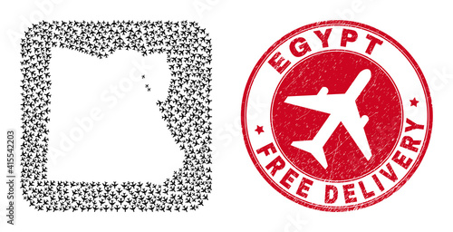 Vector mosaic Egypt map of airliner items and grunge Free Delivery seal stamp. Collage geographic Egypt map constructed as stencil from rounded square shape with coming out air force symbols.