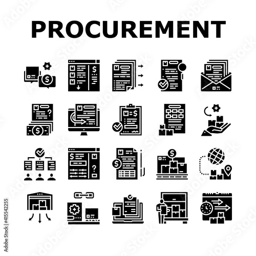 Procurement Process Collection Icons Set Vector. Procurement Warehouse And Contract, Purchase Requisition And Budget Approval Glyph Pictograms Black Illustrations