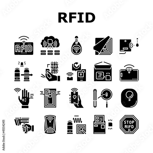 Rfid Chip Technology Collection Icons Set Vector. Security Card And Trinket, Development And Programming Rfid Radio Frequency Identification Glyph Pictograms Black Illustrations