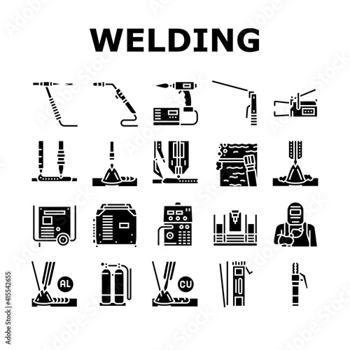 Welding Machine Tool Collection Icons Set Vector. Welding Equipment And Electrodes, Manual Arc And Plasma, Electroslag And Spot Glyph Pictograms Black Illustrations