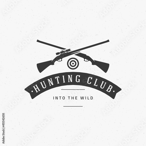 Hunting club vintage logo template emblem. Cross guns and target silhouette.