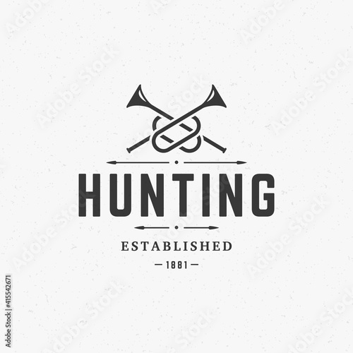 Hunting club vintage logo template emblem. Cross bugle horns silhouette.