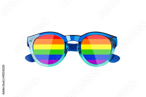 Sunglasses LGBTQ community flag color white background isolated close up, fashion glasses rainbow print, LGBT people pride symbol, gay, lesbian sign, human diversity concept, summer holidays accessory