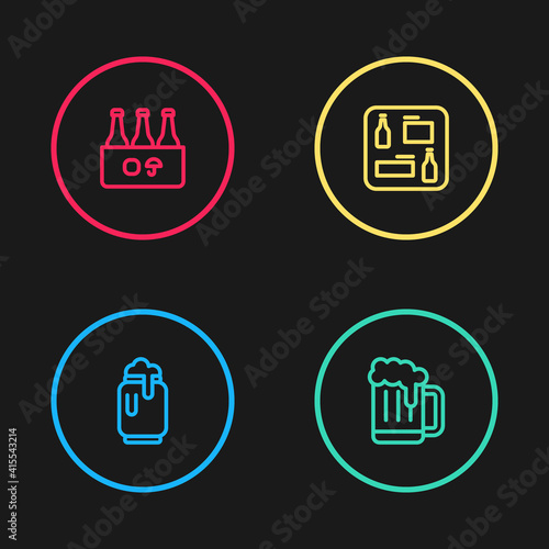 Set line Beer can with foam, Wooden beer mug, menu and Pack of bottles icon. Vector.