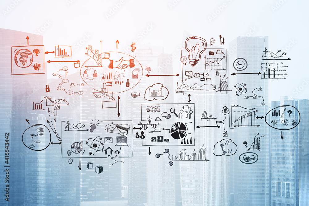 Business strategy and planning mind map drawn over blurry cityscape ...