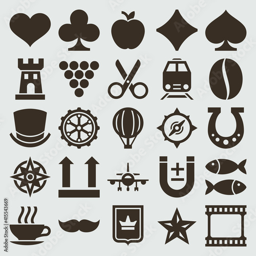 Crumpled vintage labels vector icons. Brown mustache with card suits and stylish top hat.