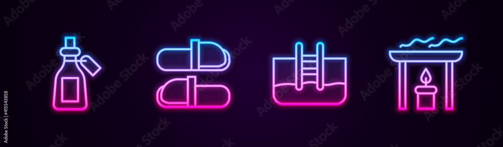 Set line Essential oil bottle, Sauna slippers, Swimming pool with ladder and Aroma candle. Glowing neon icon. Vector. Set line Essential oil bottle, Sauna slippers, Swimming pool with ladder and Aroma candle. Glowing neon icon. Vector.