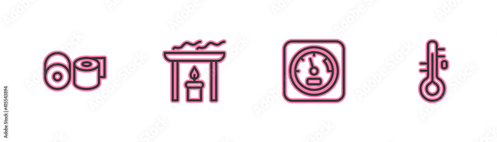 Set line Toilet paper roll, Sauna thermometer, Aroma candle and icon. Vector. Set line Toilet paper roll, Sauna thermometer, Aroma candle and icon. Vector.