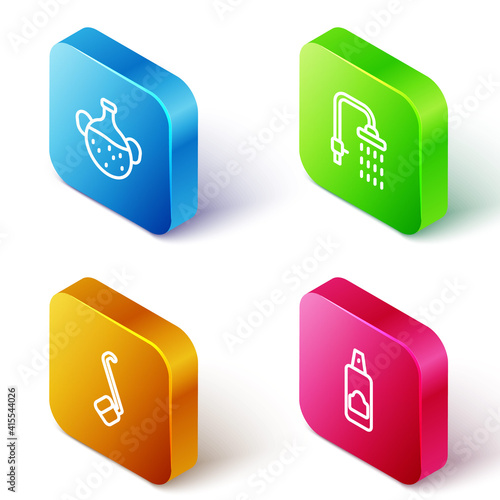 Set Isometric line Essential oil bottle, Shower, Sauna ladle and Spray can for hairspray icon. Vector.