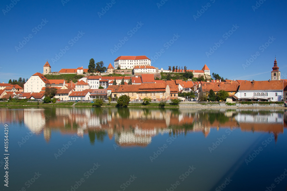 Ptuj panorama at the river with very blue sky Slovenia