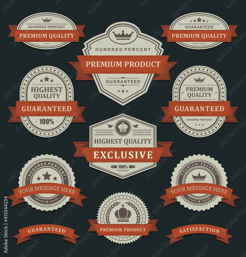Premium products royal quality vector stickers. Faded old paper label in orange twisted ribbon ornament. Premium products royal quality vector stickers. Faded old paper label in orange twisted ribbon ornament.
