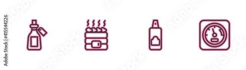 Set line Essential oil bottle, Spray can for hairspray, Hot sauna stones and Sauna thermometer icon. Vector.