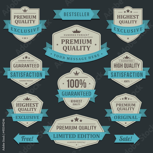 High quality goods vector label. Vintage old company in blue wrapped ribbon best exclusive discount.