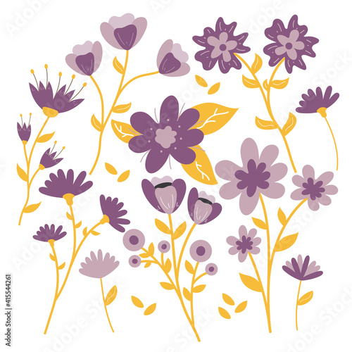 Set of hand drawn vector purple flowers, spring collection. illustration for sticker, label, tag, gift wrapping paper 