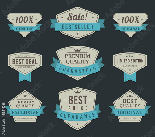 Exclusive shopping vector stickers. Premium vintage sale in blue ribbon limited edition for elite customers.