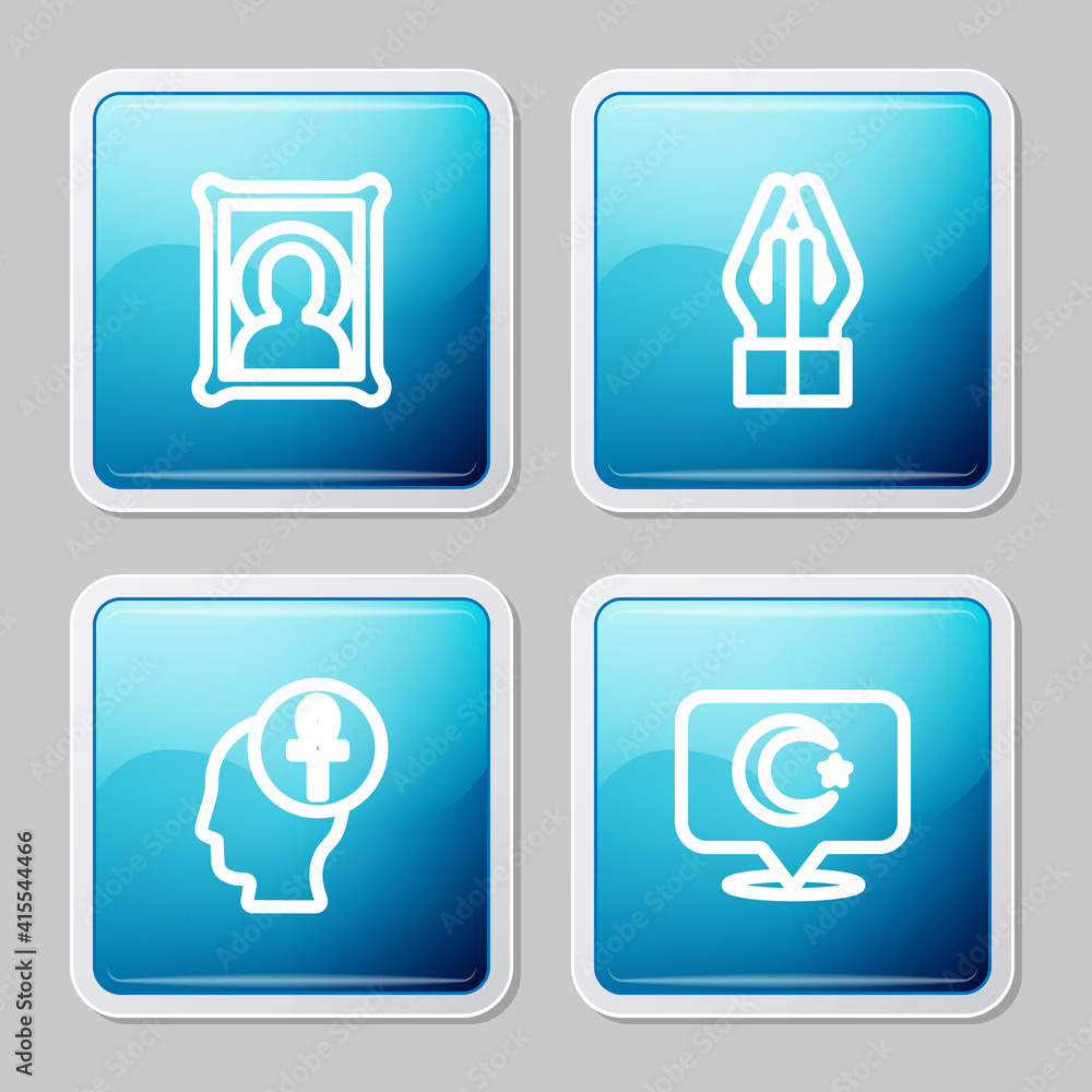 Set line Christian icon, Hands in praying position, Cross ankh and Star crescent icon. Vector. Set line Christian icon, Hands in praying position, Cross ankh and Star crescent icon. Vector.