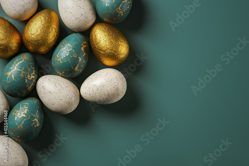 Canvas Print Coloured eggs in foil on a green background