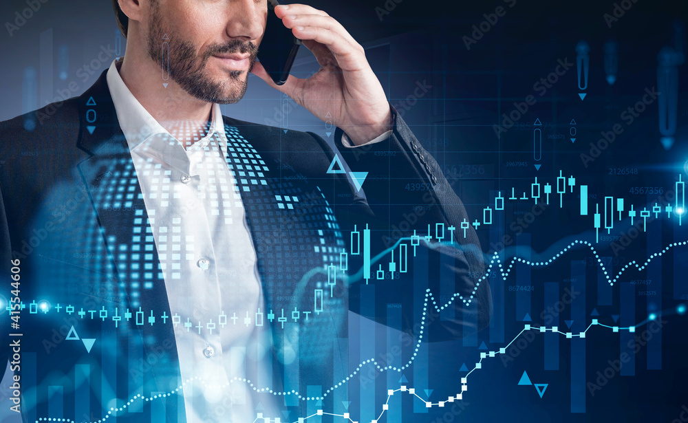 Handsome salesperson at investment bank is contracting with a cl Handsome salesperson at investment bank is contracting with a cl