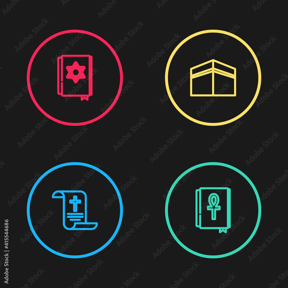 Set line Decree, paper, parchment, scroll, Cross ankh book, Kaaba mosque and Jewish torah icon. Vector. Set line Decree, paper, parchment, scroll, Cross ankh book, Kaaba mosque and Jewish torah icon. Vector.