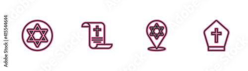 Set line Star of David, , Decree, paper, parchment, scroll and Pope hat icon. Vector.