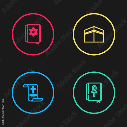 Set line Decree, paper, parchment, scroll, Cross ankh book, Kaaba mosque and Jewish torah icon. Vector.