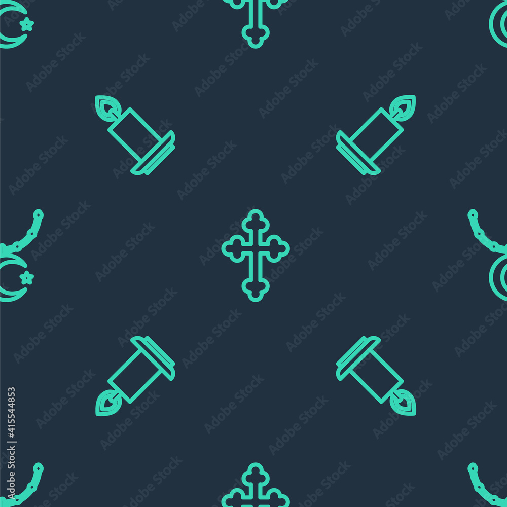 Set line Christian cross, Burning candle and Star crescent on chain on seamless pattern. Vector. Set line Christian cross, Burning candle and Star crescent on chain on seamless pattern. Vector.