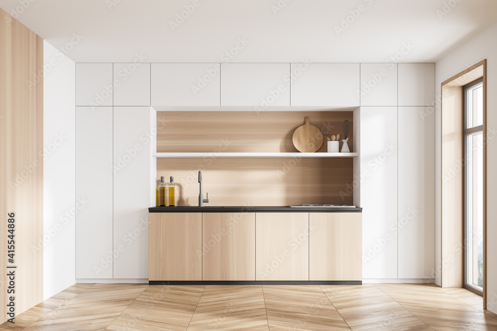 Wooden and white kitchen set with shelves and appliances, parquet floor - obrazy, fototapety, plakaty 