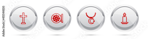 Set line Christian cross, Dharma wheel, Star and crescent on chain and Burning candle. Silver circle button. Vector.