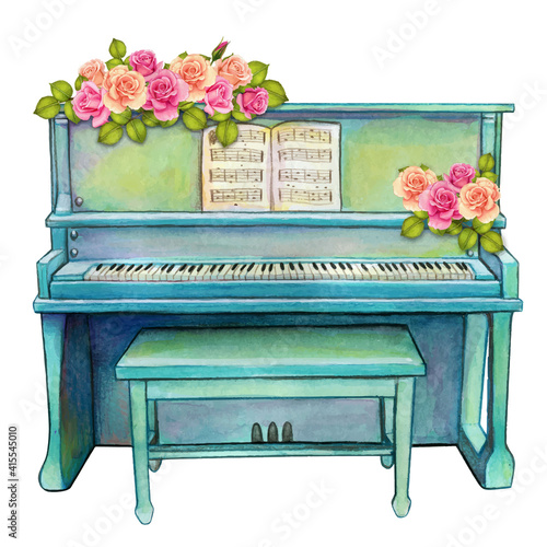 Watercolor turquoise upright piano with roses