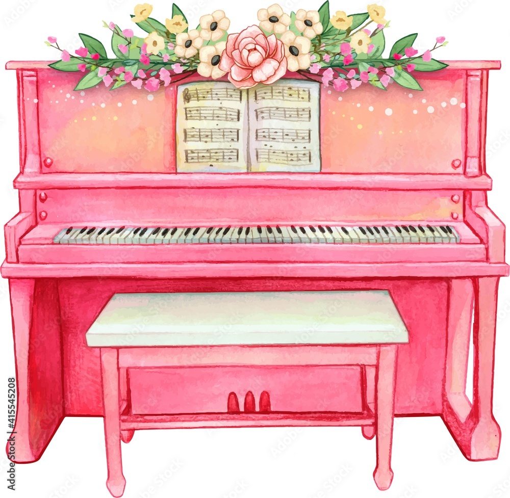 Watercolor pink upright piano with flowers Stock-Vektorgrafik | Adobe Stock