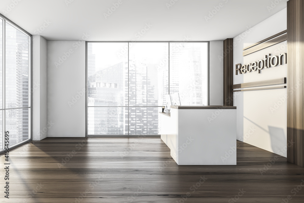 Obraz premium Wooden reception room with desk and computers near window