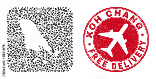 Vector mosaic Koh Chang map of aviation elements and grunge Free Delivery seal. Mosaic geographic Koh Chang map constructed as stencil from rounded square shape using flying out aviation items.