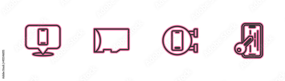 Set line Phone repair service, , Micro SD memory card and Glass screen protector icon. Vector. Set line Phone repair service, , Micro SD memory card and Glass screen protector icon. Vector.