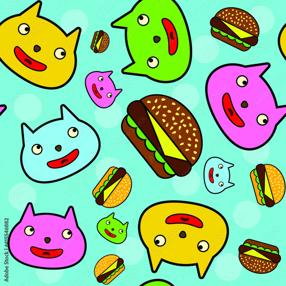 Multicolored cats and hamburgers on a blue background, texture for design, seamless pattern, vector illustration Multicolored cats and hamburgers on a blue background, texture for design, seamless pattern, vector illustration