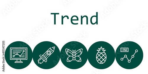 trend background concept with trend icons. Icons related line chart, rising, pineapple, butterfly