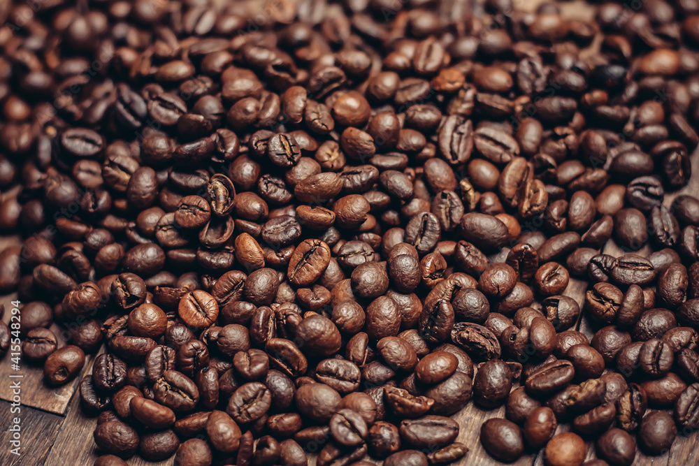 coffee beans scattered wood background morning aroma beverage preparation